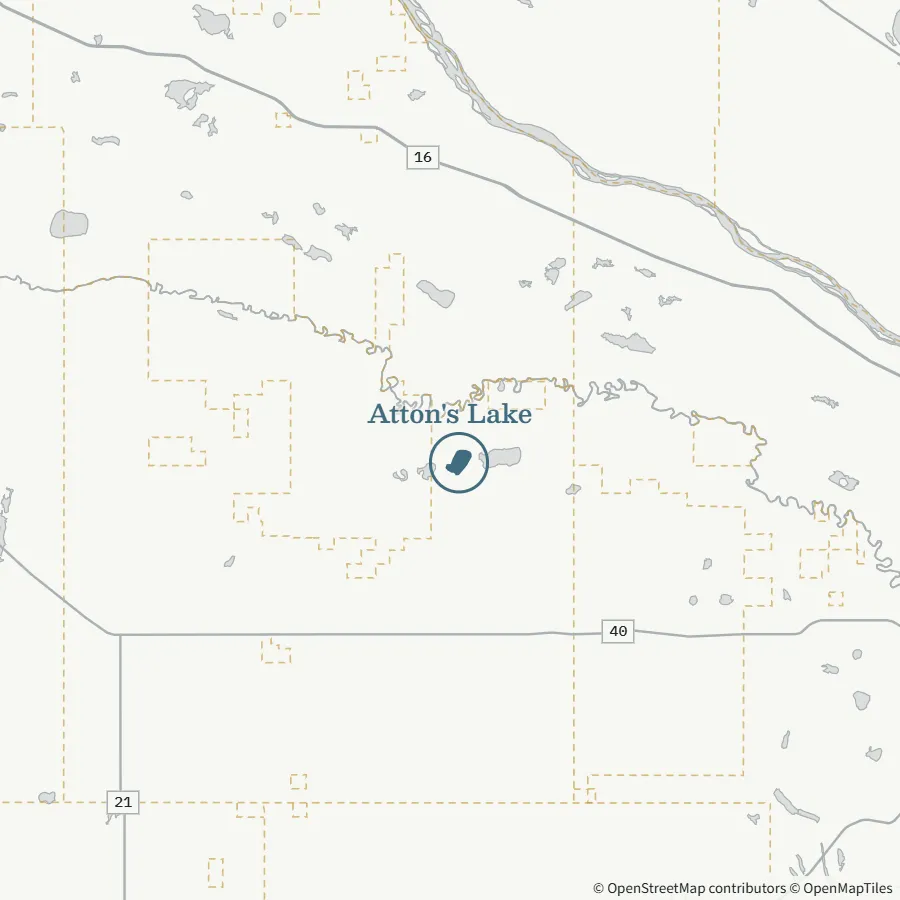Map showing where Atton's Lake is, ~2.25 hours from Spiritwood, near Cut Knife