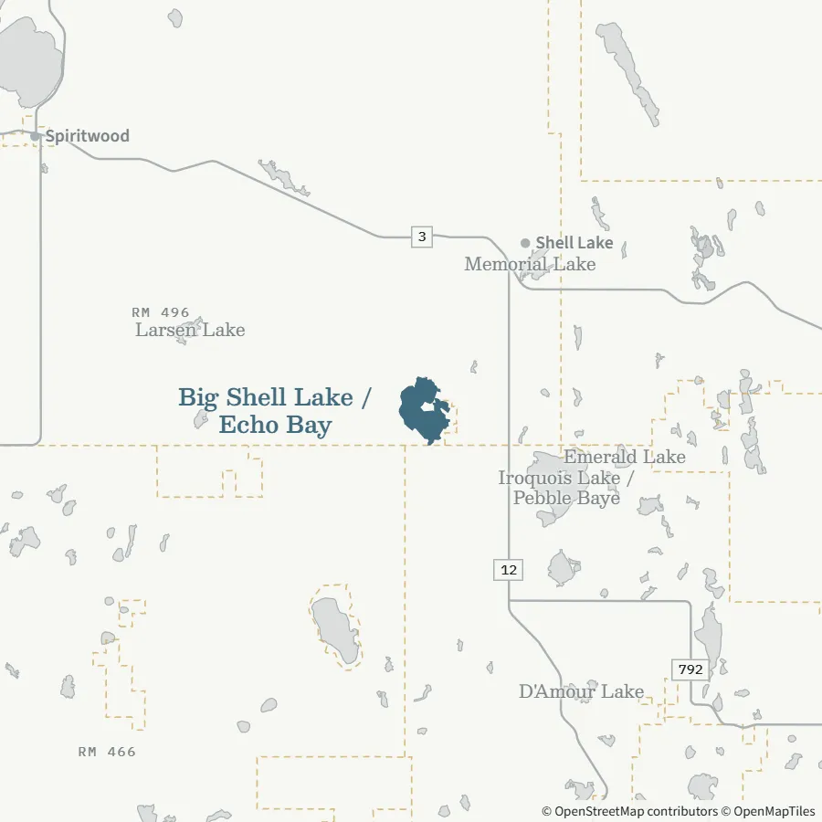 Map showing where Big Shell Lake / Echo Bay is, ~25-30 minutes from Spiritwood, Shell Lake area