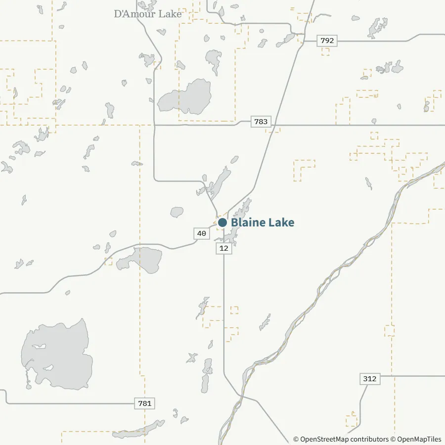 Map showing where Blaine Lake is, ~70 minutes from Spiritwood