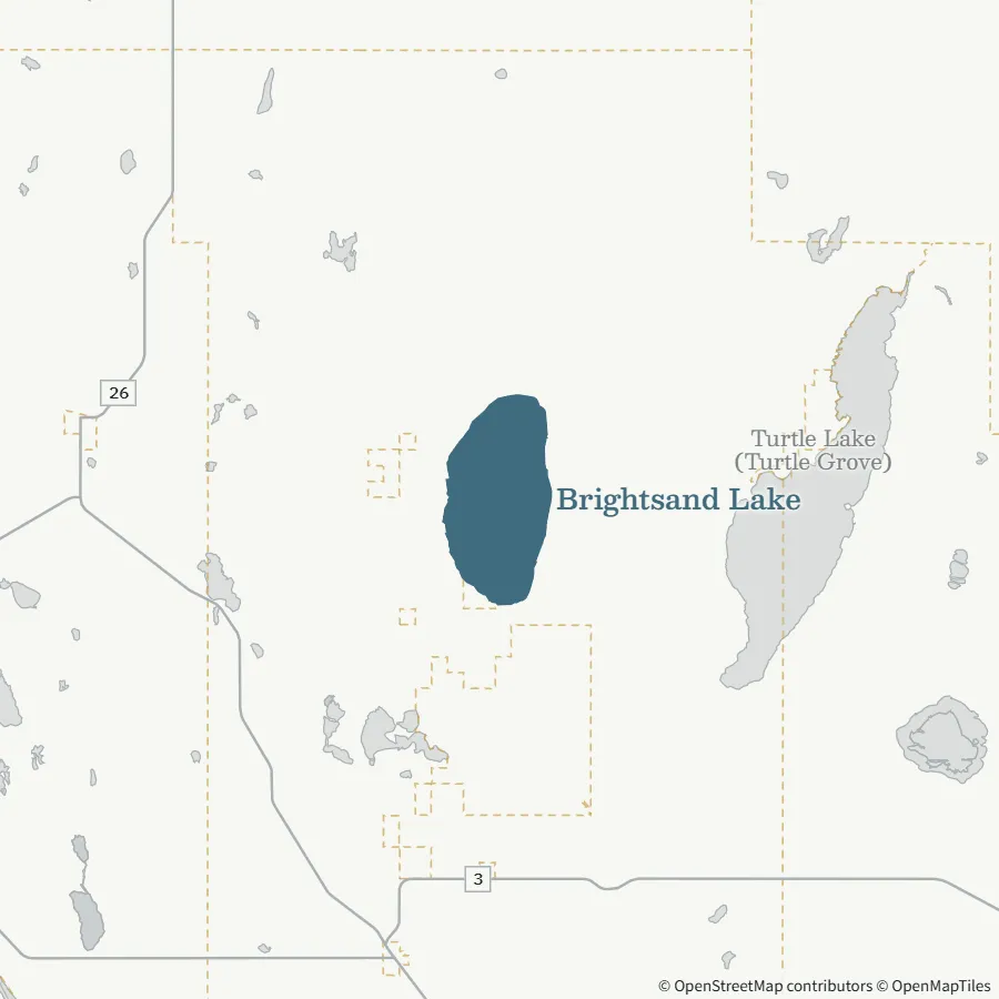 Map showing where Brightsand Lake is, ~1.25-1.5 hours from Spiritwood, west of Turtle Lake