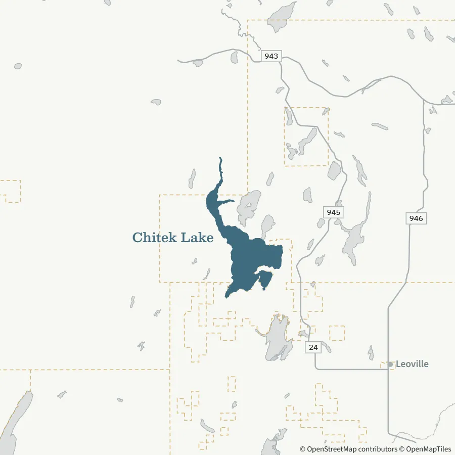 Map showing where Chitek Lake is, ~50 minutes from Spiritwood via Highway 24