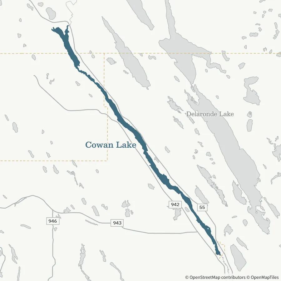 Map showing where Cowan Lake is, ~1.75 hours from Spiritwood, Big River area