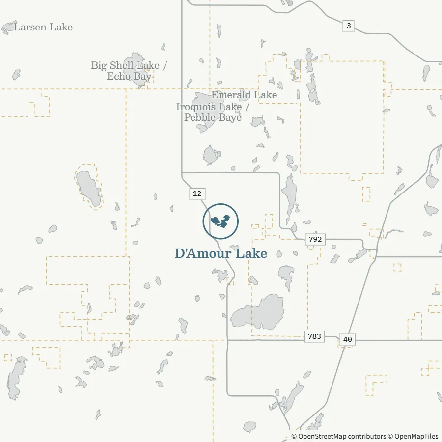Map showing where D'Amour Lake is, ~50 minutes from Spiritwood, south of Shell Lake