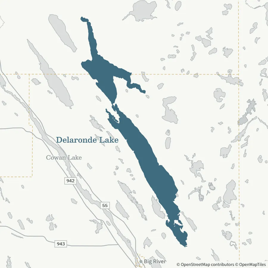 Map showing where Delaronde Lake is, ~2 hours from Spiritwood, north of Big River