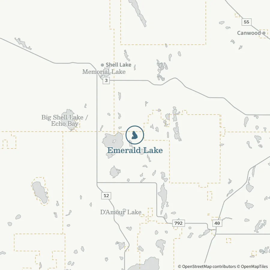Map showing where Emerald Lake is, ~45 minutes from Spiritwood, south-east of Shell Lake