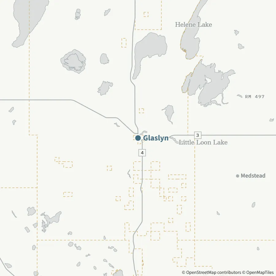 Map showing where Glaslyn is, ~35 minutes from Spiritwood via Highway 3