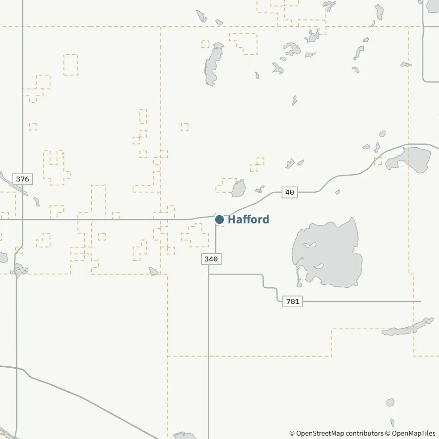 Map showing where Hafford is, ~80 minutes from Spiritwood, to the south