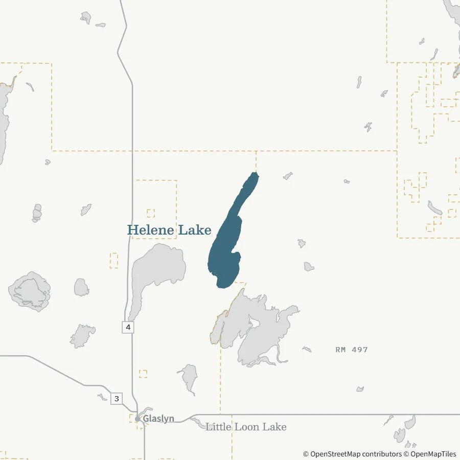 Map showing where Helene Lake is, ~1 hour from Spiritwood, north-north-east of Glaslyn