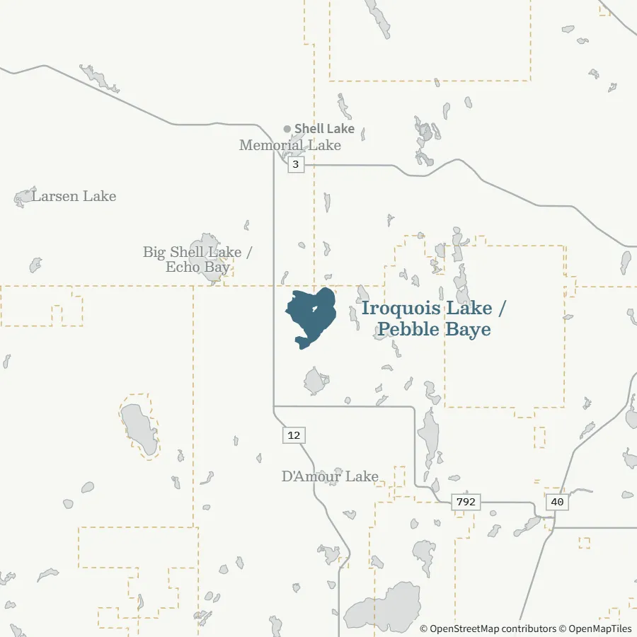 Map showing where Iroquois Lake / Pebble Baye is, ~40 minutes from Spiritwood