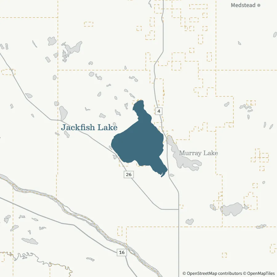 Map showing where Jackfish Lake is, ~1.25-1.5 hours from Spiritwood, near North Battleford