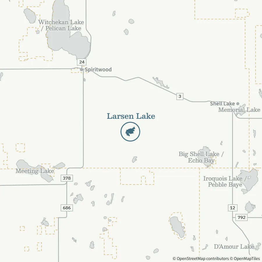 Map showing where Larsen Lake is, ~20 minutes from Spiritwood, south-east of town