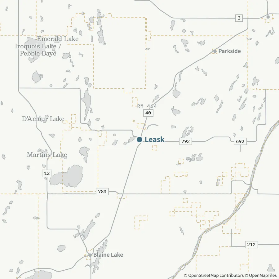 Map showing where Leask is, ~65 minutes from Spiritwood, to the south-east