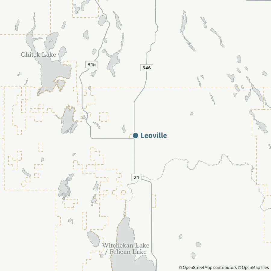 Map showing where Leoville is, ~20 minutes from Spiritwood