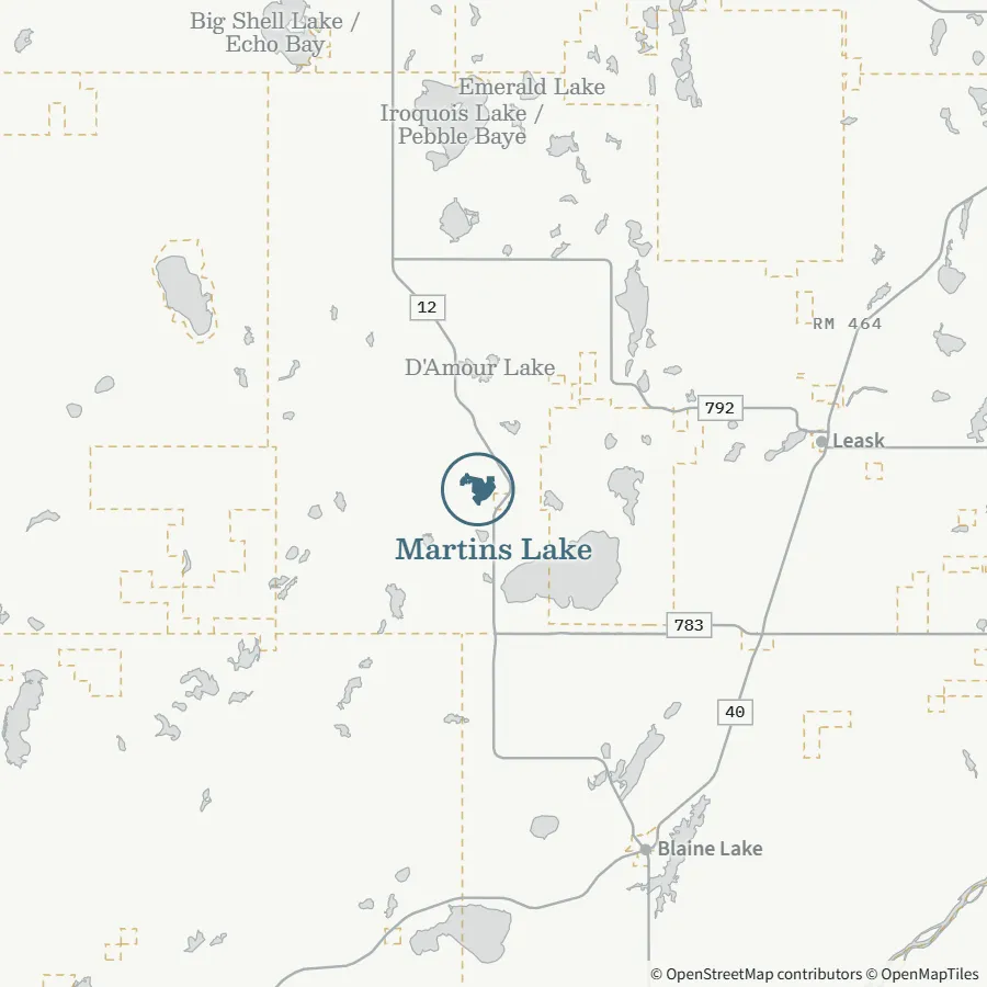 Map showing where Martins Lake is, ~55 minutes from Spiritwood, near Leask