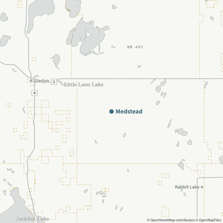 Map showing where Medstead is, ~35 minutes from Spiritwood via Highway 3