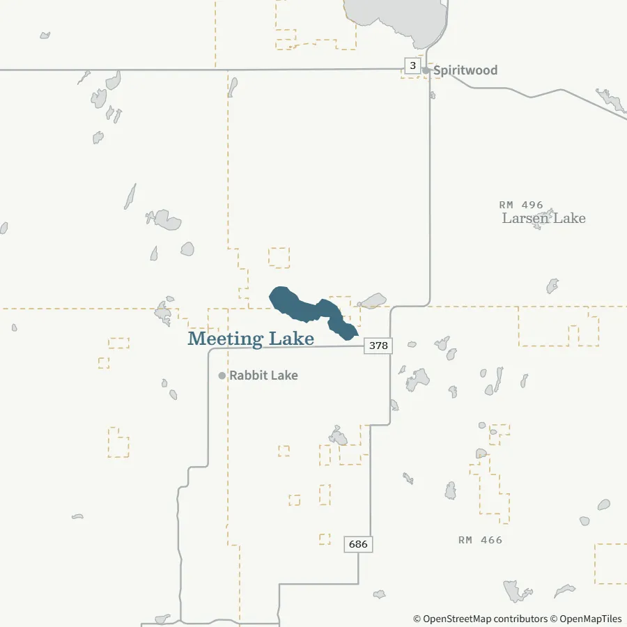 Map showing where Meeting Lake is, ~30 minutes from Spiritwood, Regional Park area