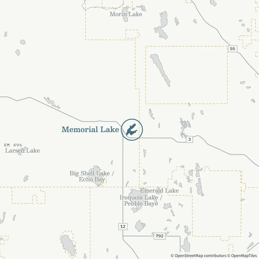 Map showing where Memorial Lake is, ~20 minutes from Spiritwood, Shell Lake area