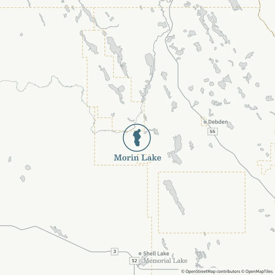 Map showing where Morin Lake is, ~50 minutes from Spiritwood, near Debden