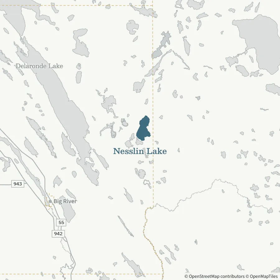 Map showing where Nesslin Lake is, ~1.75 hours from Spiritwood, north-east of Big River