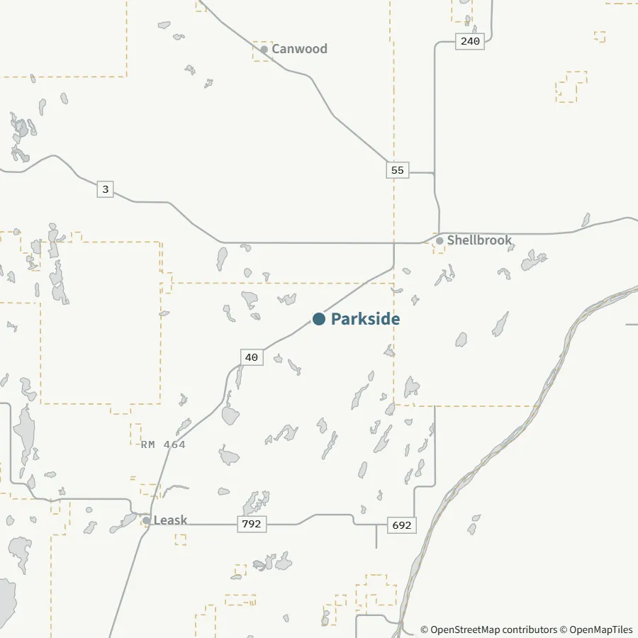 Map showing where Parkside is, ~60 minutes from Spiritwood, to the east