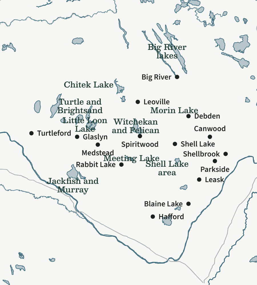 Map of the area Cailyn Malmberg covers in north-central Saskatchewan: towns from Glaslyn and Medstead east to Shellbrook and Canwood, Big River in the north and Blaine Lake in the south, with the lake country around Turtle, Chitek, Shell, Meeting and Jackfish lakes.