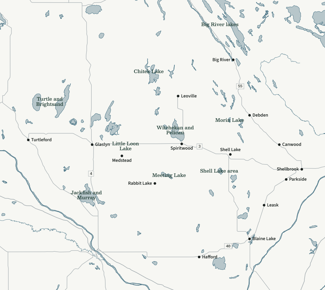Map of the area Cailyn Malmberg covers in north-central Saskatchewan: towns from Glaslyn and Medstead east to Shellbrook and Canwood, Big River in the north and Blaine Lake in the south, with the lake country around Turtle, Chitek, Shell, Meeting and Jackfish lakes.