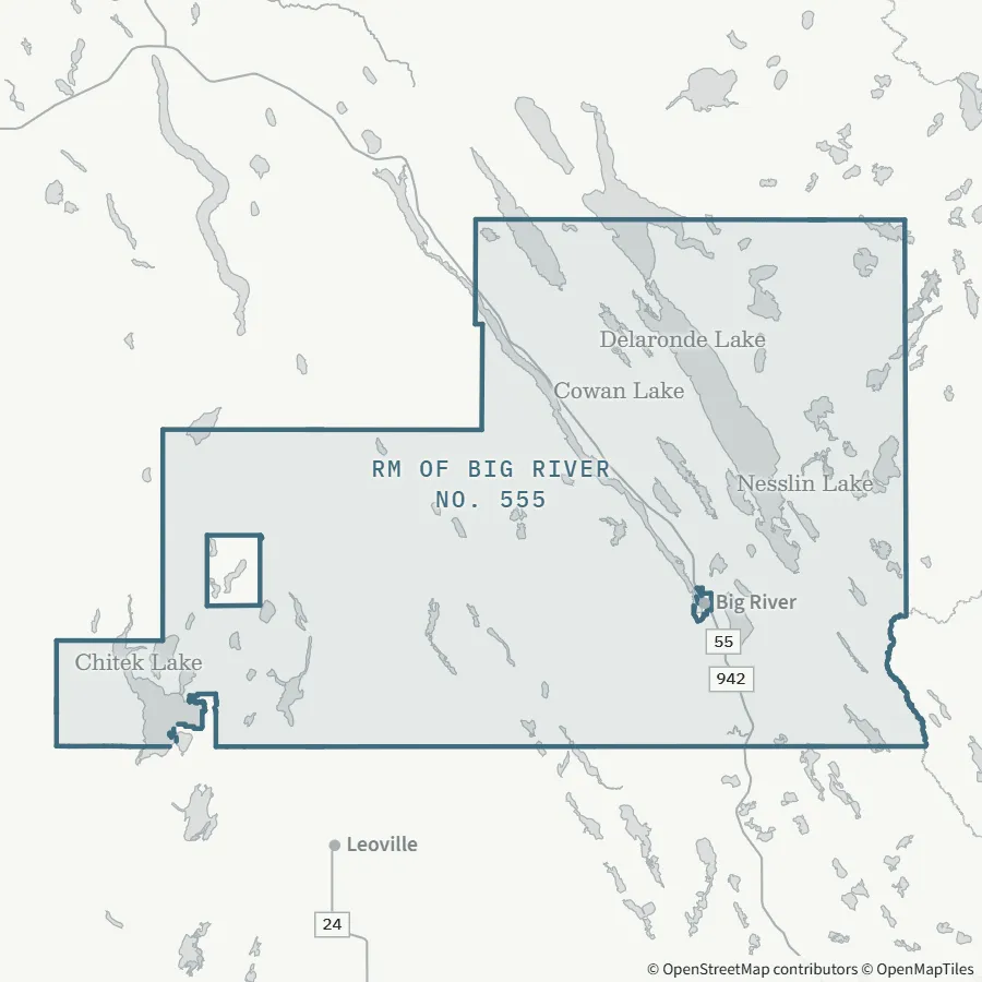 Map showing where RM of Big River No. 555 is, ~80 minutes from Spiritwood, to the north (office in Big River)