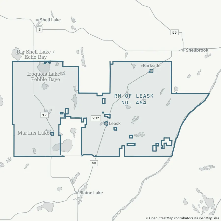 Map showing where RM of Leask No. 464 is, ~65 minutes from Spiritwood, to the south-east (office in Leask)
