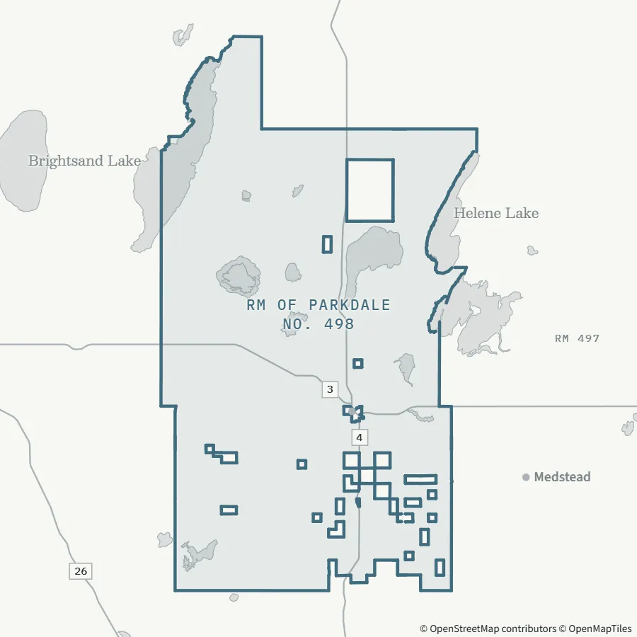 Map showing where RM of Parkdale No. 498 is, ~45 minutes from Spiritwood, to the west (office in Glaslyn)