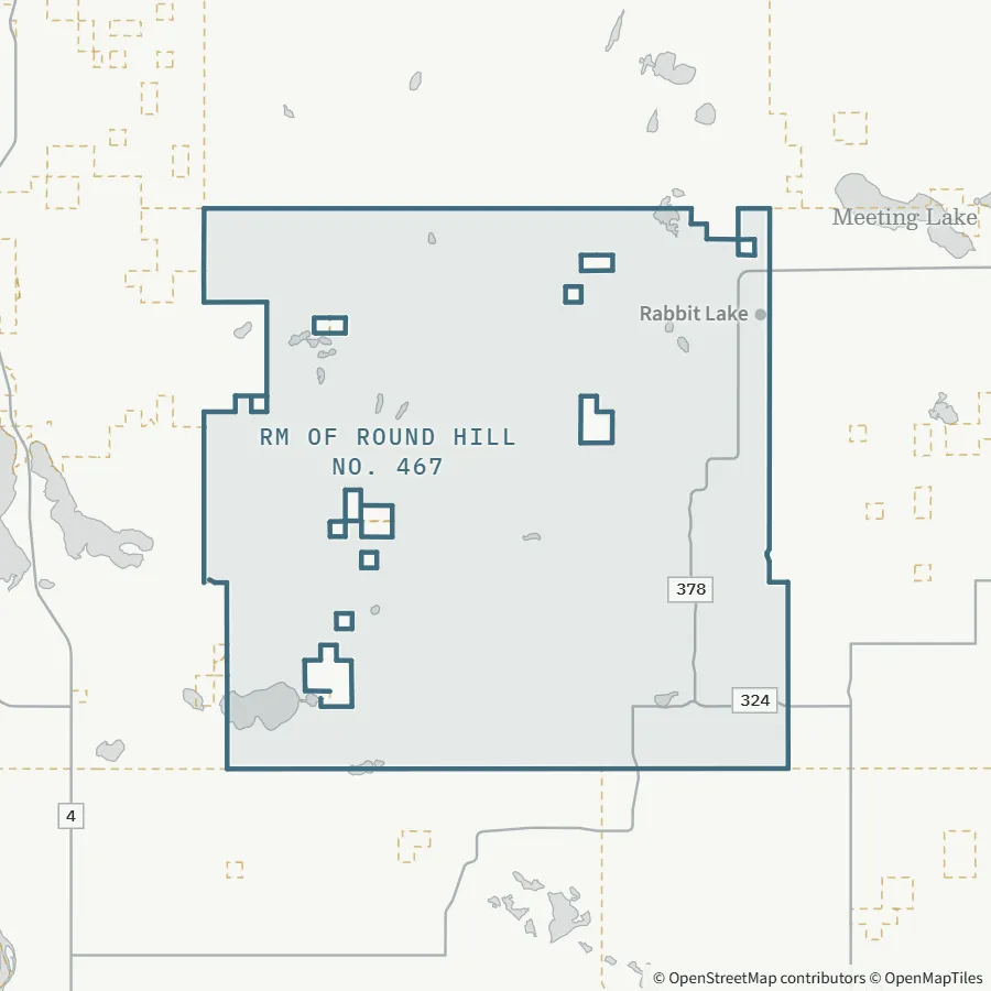 Map showing where RM of Round Hill No. 467 is, ~35 minutes from Spiritwood, to the south-west (office in Rabbit Lake)