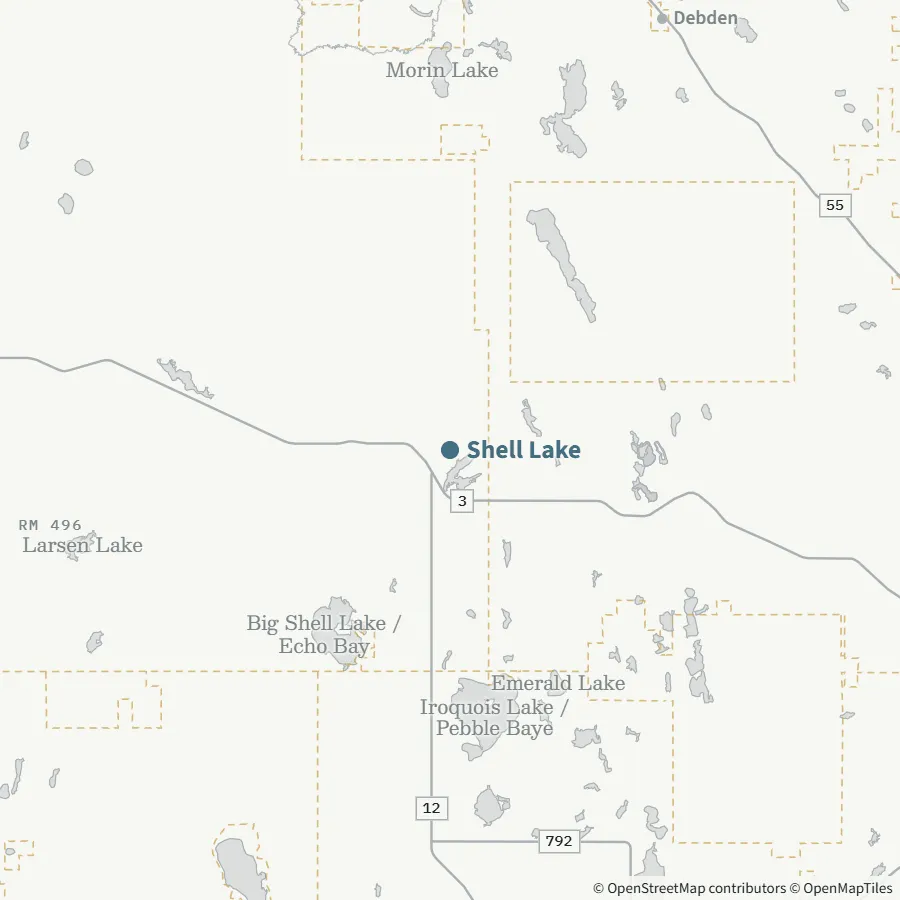 Map showing where Shell Lake is, ~20 minutes from Spiritwood via Highway 3