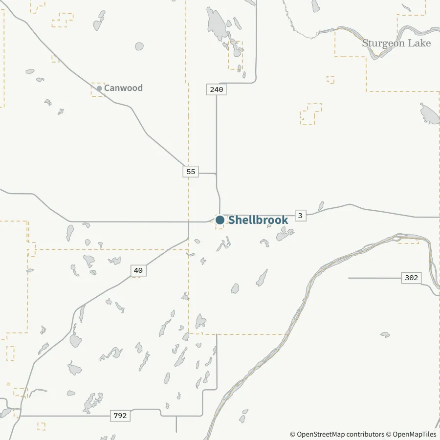Map showing where Shellbrook is, ~65 minutes from Spiritwood via Highway 3