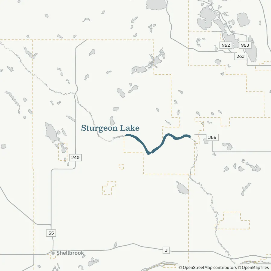 Map showing where Sturgeon Lake is, ~1.5 hours from Spiritwood, north-west of Prince Albert