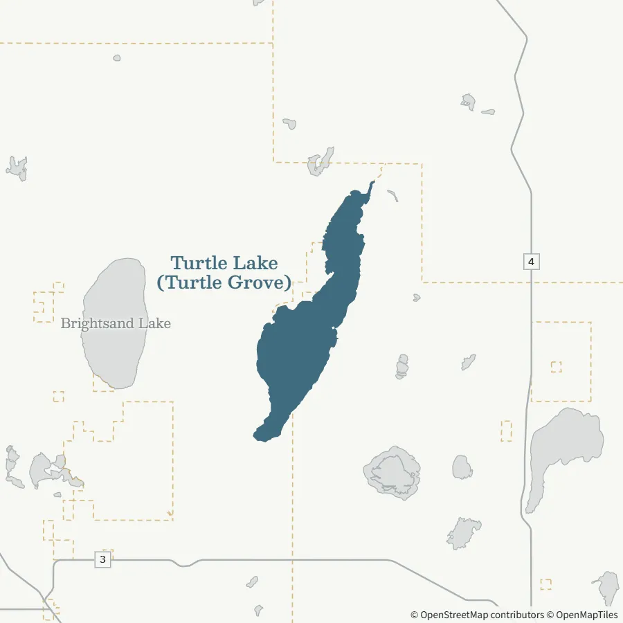 Map showing where Turtle Lake (Turtle Grove) is, ~1.5 hours from Spiritwood, south end / Turtle Grove area