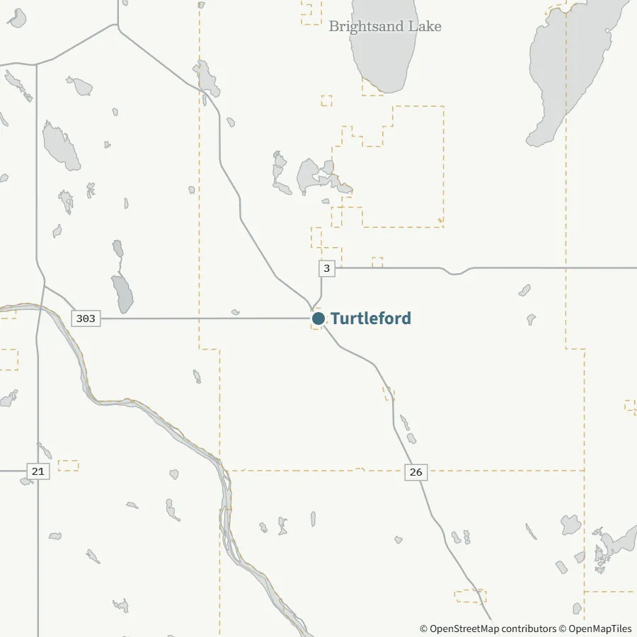 Map showing where Turtleford is, ~80 minutes from Spiritwood via Highway 3