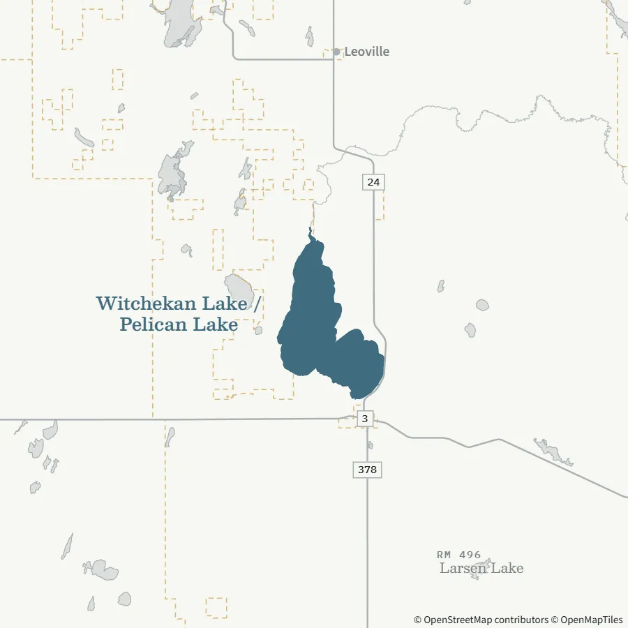 Map showing where Witchekan Lake / Pelican Lake is, ~10 minutes from Spiritwood, just north of town